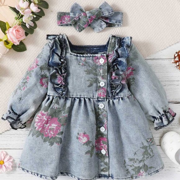 BABY GIRL FLORAL RUFFLED BUTTON FRONT DRESS - Picture 1 of 7